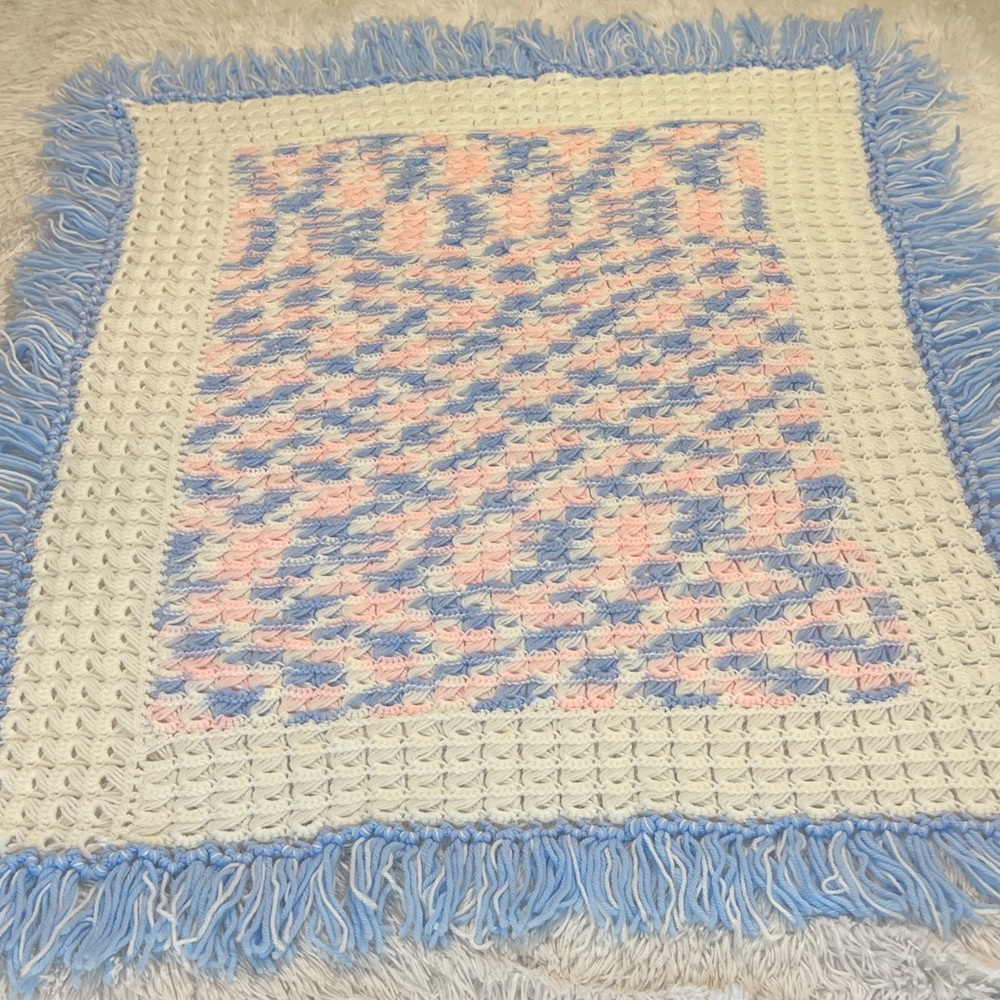 Pastel Crochet Blanket with Fringe 46 INCHES X 35 INCHES HANDCRAFTED